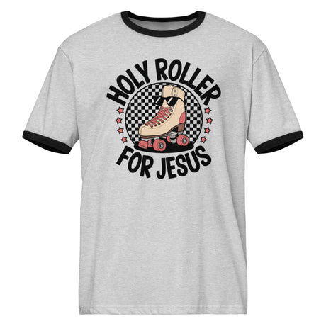 Heather Gray: Holy Roller for Jesus ringer t-shirt in heather gray by Salt and Light Merch — retro Christian unisex tee.
