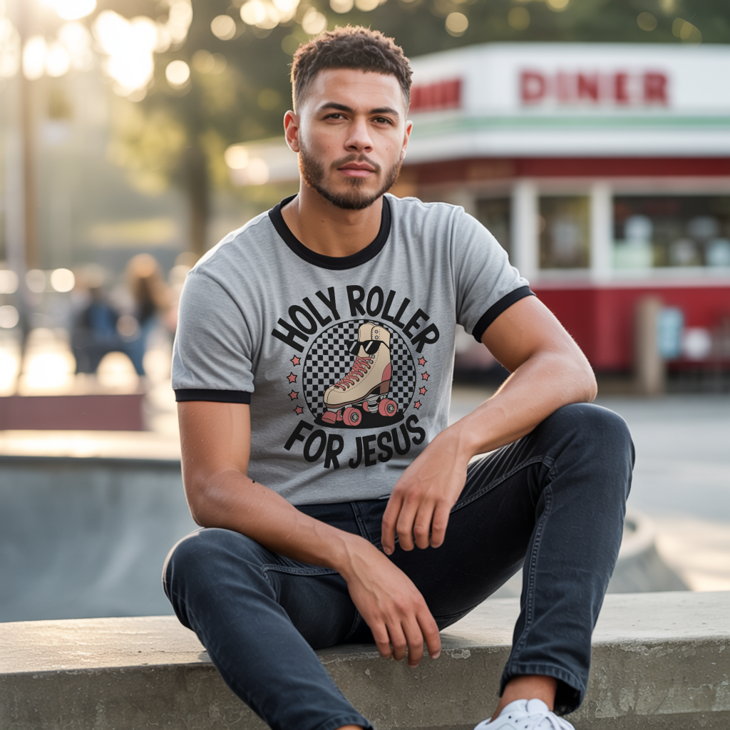 Man wearing Holy Roller for Jesus Salt and Light retro Christian unisex ringer t-shirt in Heather Gray at diner/skatepark — lifestyle photo by Salt and Light Merch.