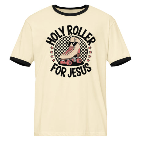 Heather Gray: Holy Roller for Jesus ringer t-shirt in Natural Cream by Salt and Light Merch — retro Christian unisex tee.