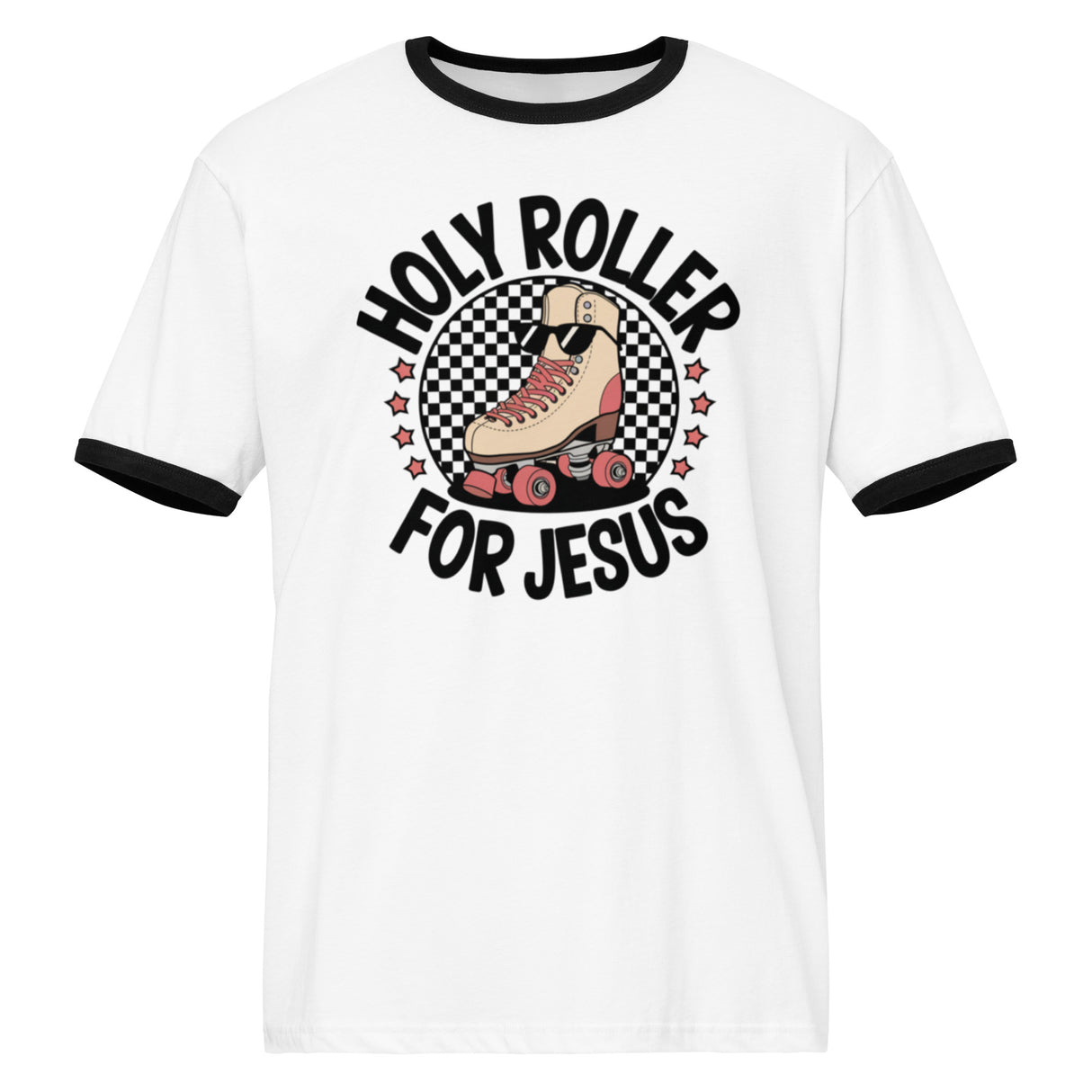 White: Holy Roller for Jesus ringer t-shirt in white with black trim — Salt and Light Merch Christian retro unisex shirt.