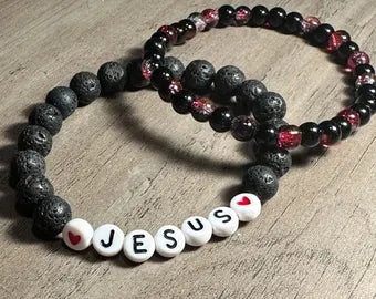Jesus Beaded Bracelet Set – Lava Stone & Red Crackle Glass | Salt and Light Merch