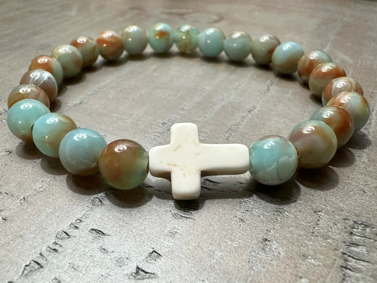 Aqua & Brown Glass Cross Bracelet | Salt and Light Merch