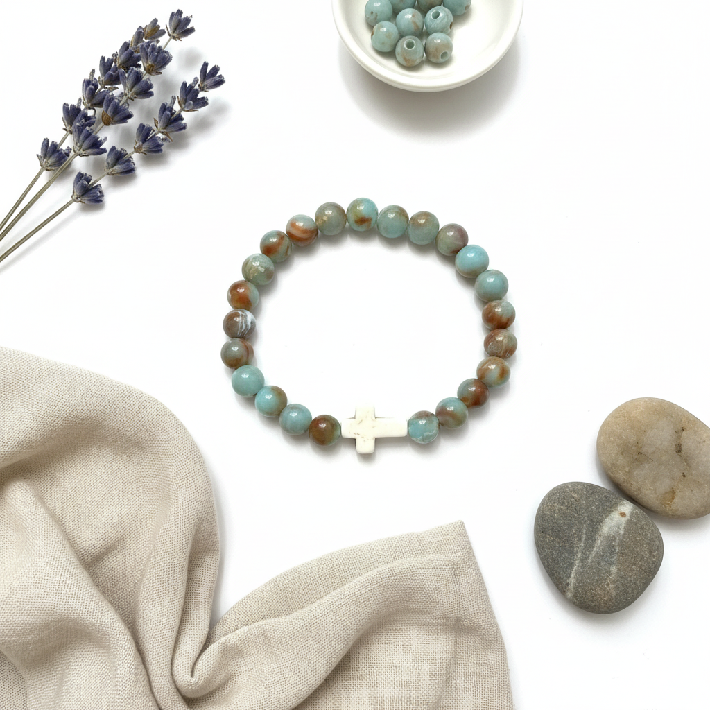 Aqua & Brown Glass Cross Bracelet | Salt and Light Merch