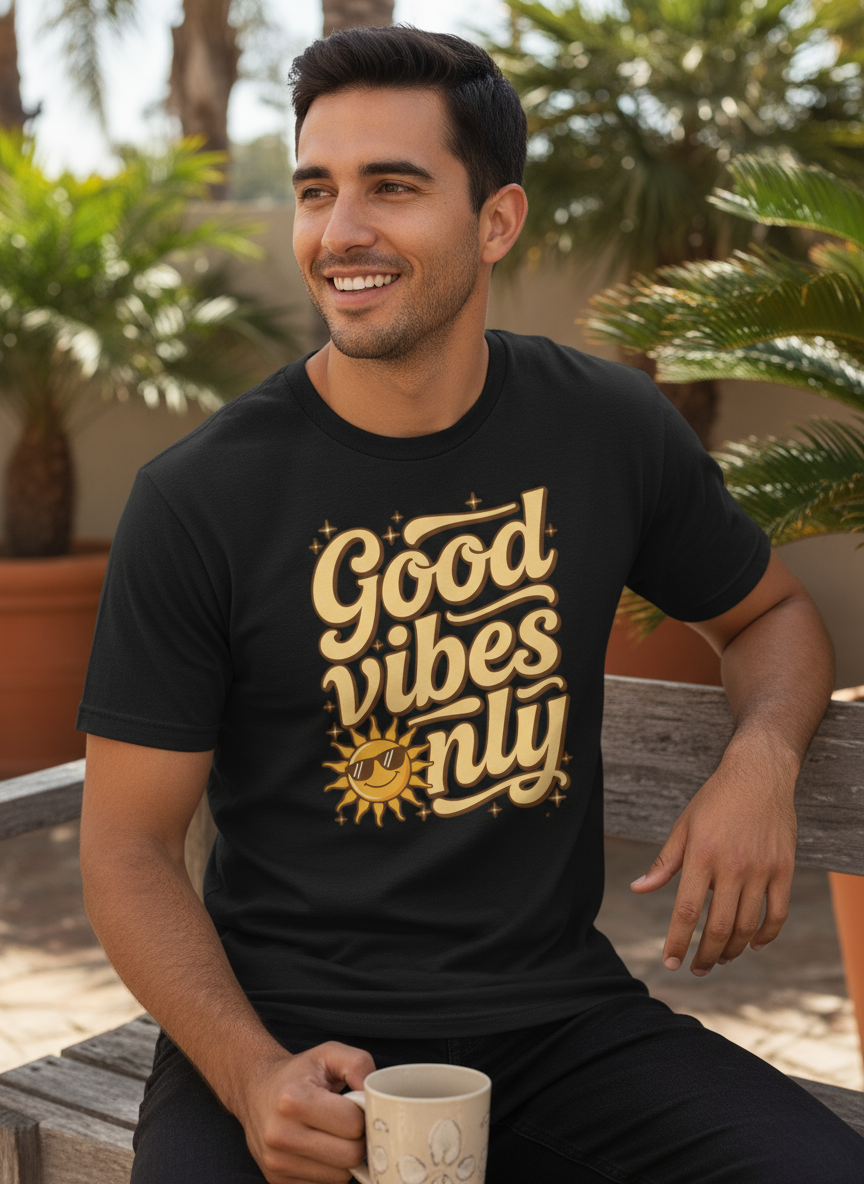 Salt and Light Merch Man wearing a black t-shirt with 'Good vibes only' in yellow text, sitting outdoors. Comfort Colors C1717