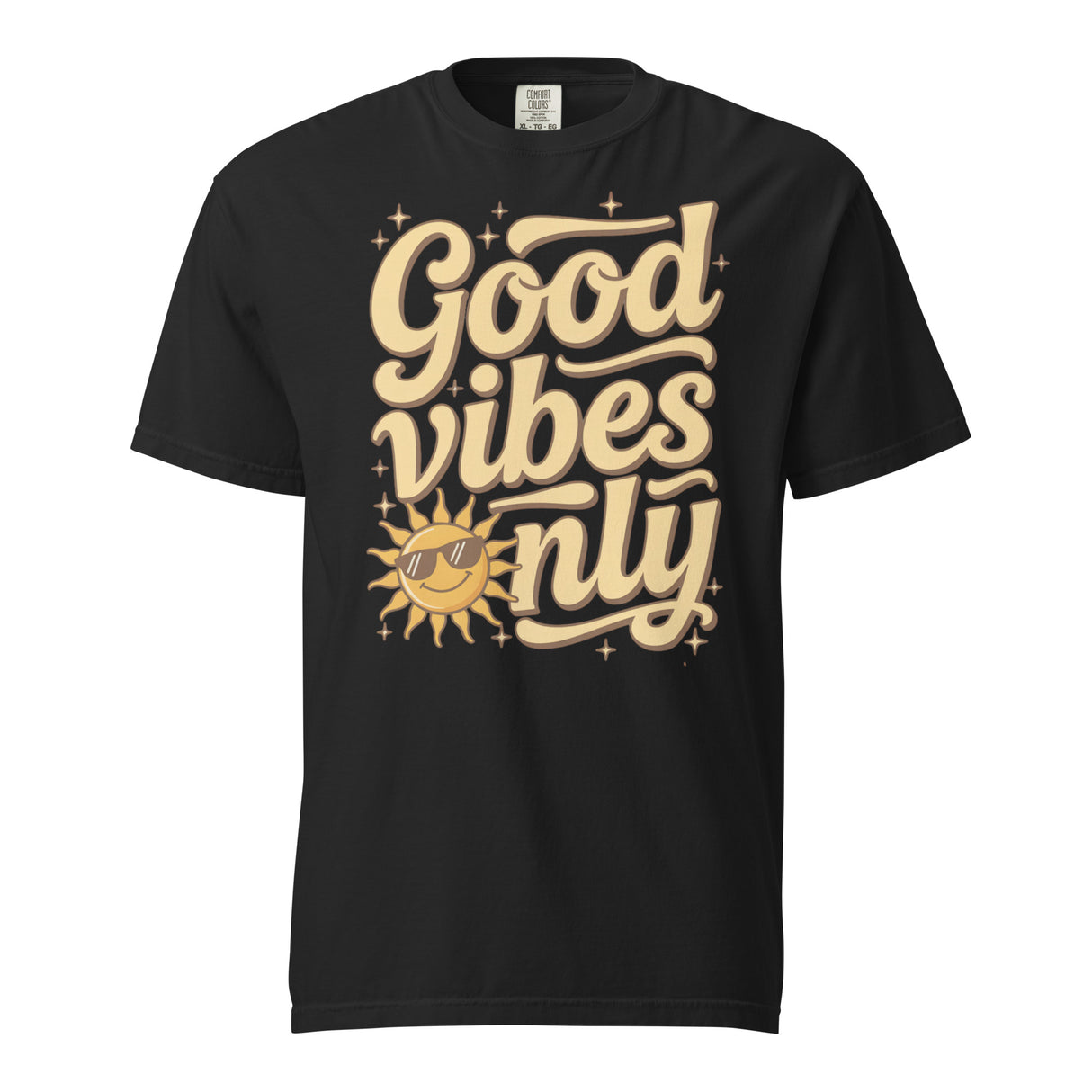 Salt and Light “Good Vibes Only” Christian t-shirt featuring retro yellow lettering and a smiling sun with sunglasses on a black Comfort Colors C1717 shirt. Faith-based, joyful, and uplifting design.