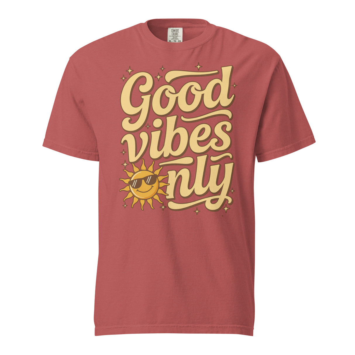 Salt and Light “Good Vibes Only” Christian t-shirt featuring retro yellow lettering and a smiling sun with sunglasses on a crimson Comfort Colors C1717 shirt. Faith-based, joyful, and uplifting design.