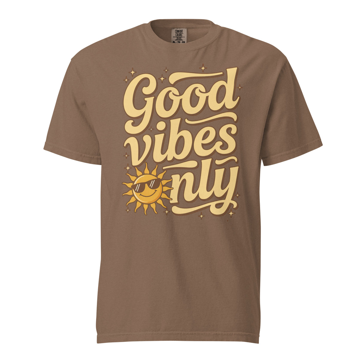 Salt and Light “Good Vibes Only” Christian t-shirt featuring retro yellow lettering and a smiling sun with sunglasses on a expresso Comfort Colors C1717 shirt. Faith-based, joyful, and uplifting design.