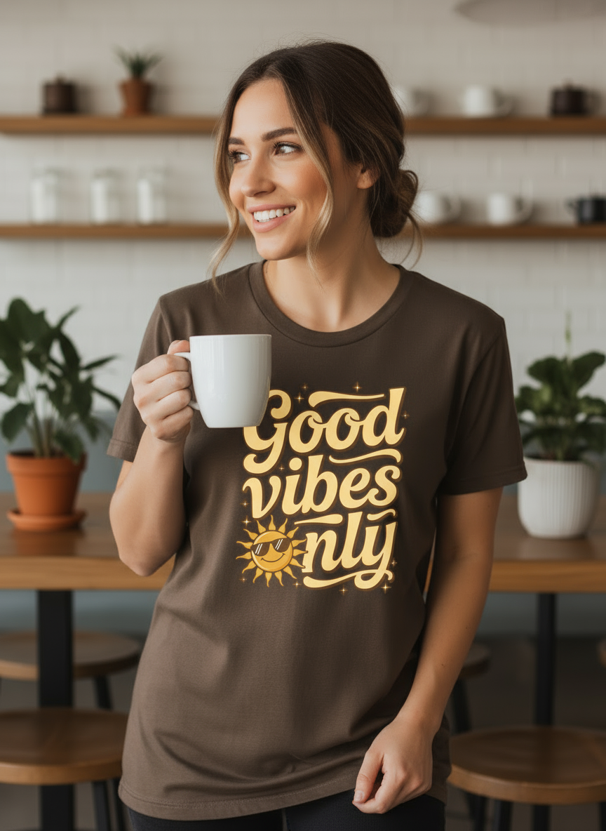 Salt and Light Merch Good Vibes Only t-shirt female wearing espresso indoor kitchen coffee cafe - Comfort Classic C1717 Tees