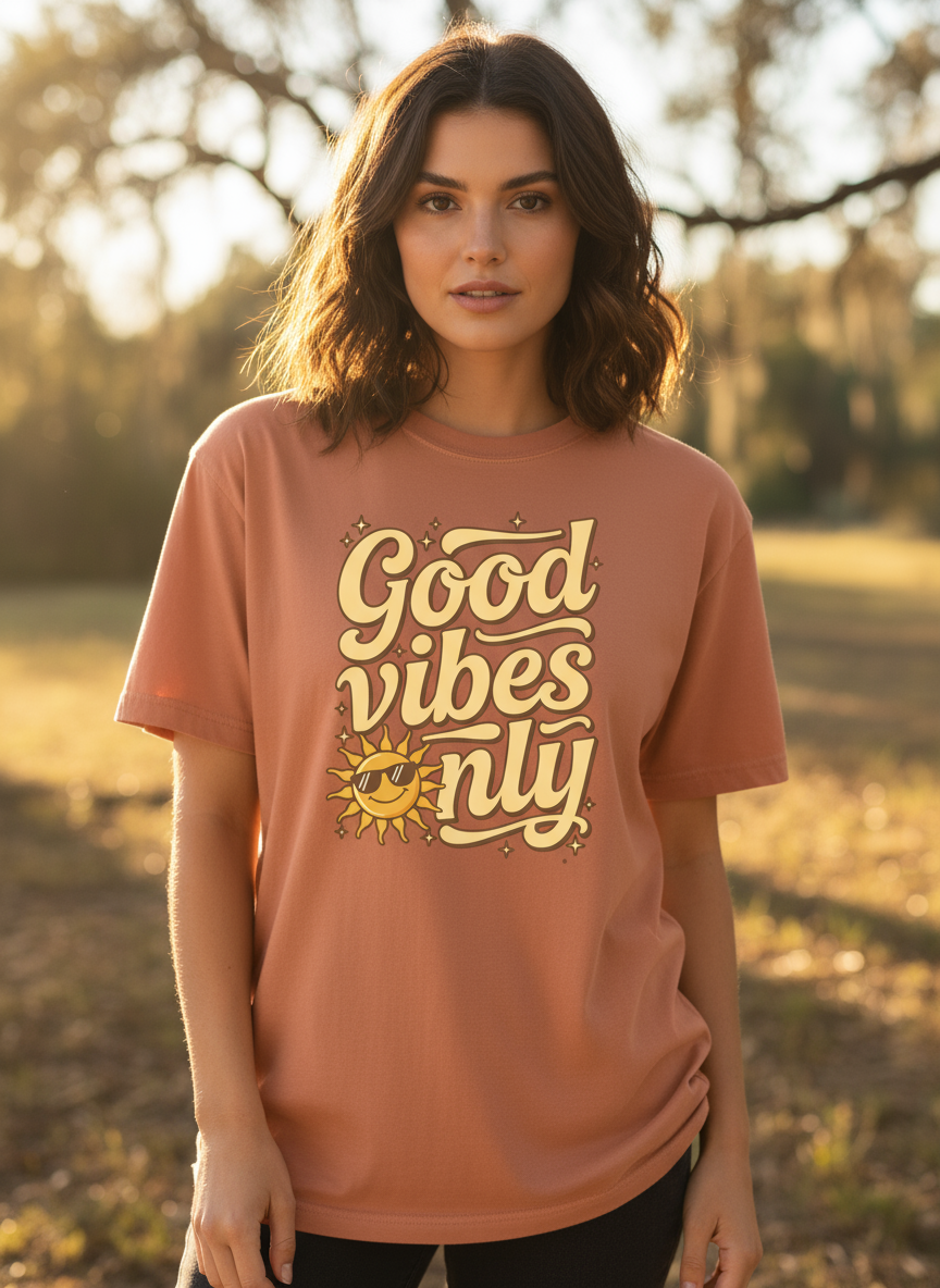 Salt and Light Merch Good Vibes Only t-shirt female wearing terracotta outdoor fall.
