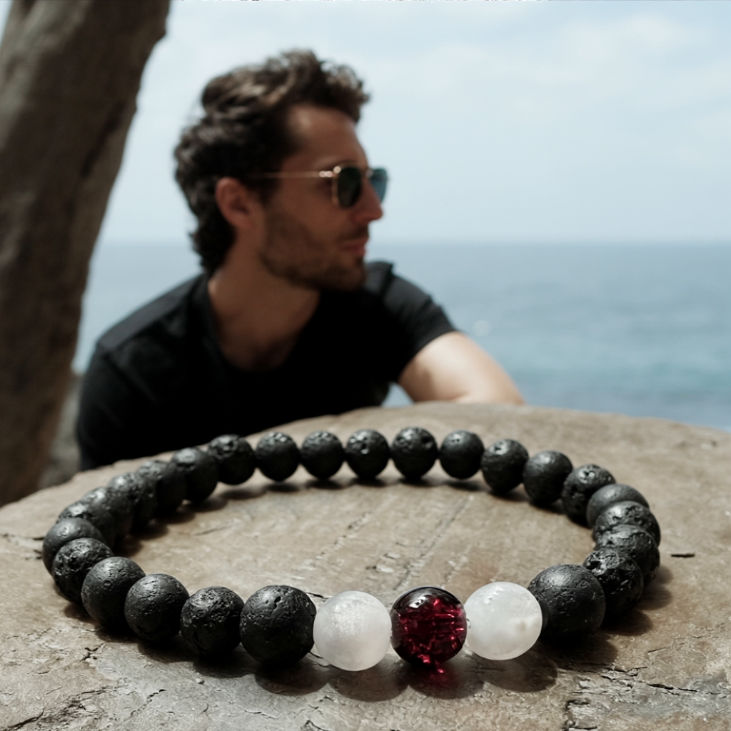 Salt and Light Merch Redemption Bracelet – Christian men’s faith bracelet with black lava rock beads, frosted white beads, and bold red centerpiece, symbolic of the blood of Christ. Stylish Christian jewelry for daily encouragement