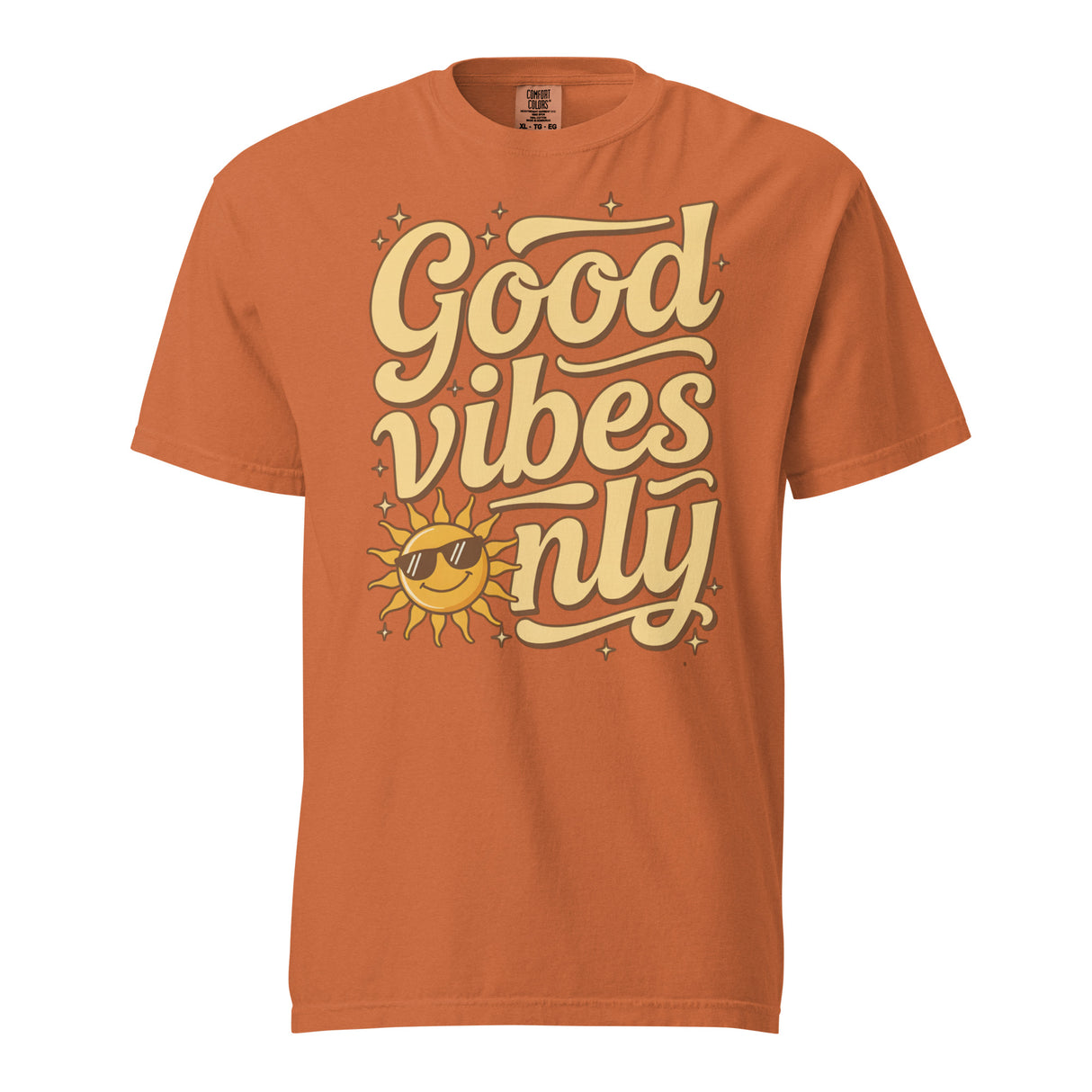 Salt and Light “Good Vibes Only” Christian t-shirt featuring retro yellow lettering and a smiling sun with sunglasses on a yam Comfort Colors C1717 shirt. Faith-based, joyful, and uplifting design.