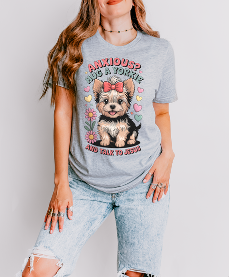 Anxious? Hug a Yorkie & Talk to Jesus Christian T-Shirt in Heather Grey – Salt and Light Merch