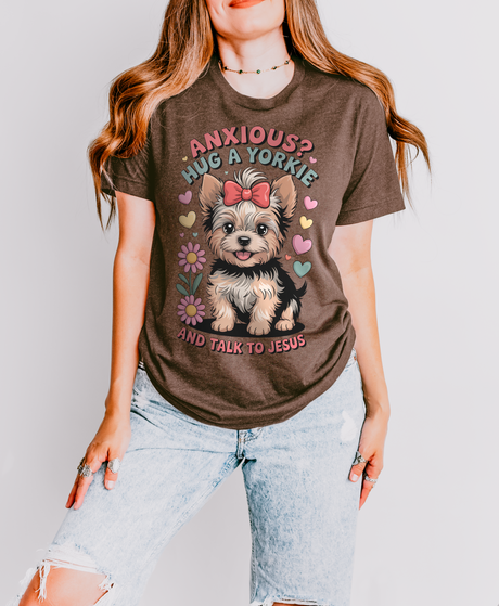 Anxious? Hug a Yorkie & Talk to Jesus Christian T-Shirt in Heather Brown – Salt and Light Merch