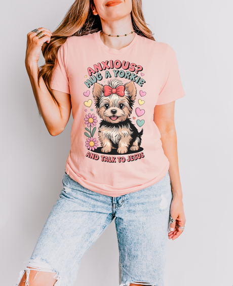 Anxious? Hug a Yorkie & Talk to Jesus Christian T-Shirt in Heather Peach – Salt and Light Merch