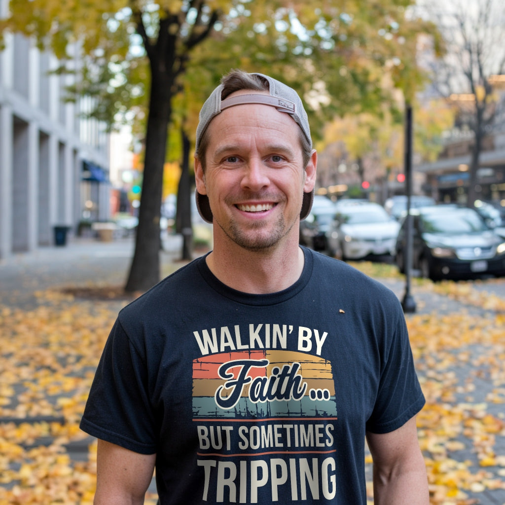 Walkin’ By Faith but Sometimes Tripping – Funny Christian T-Shirt | Salt and Light Merch