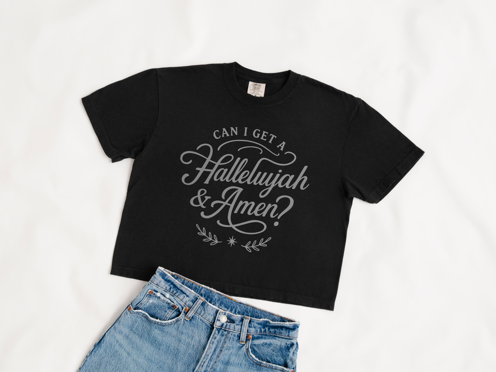 Can I Get a Hallelujah & Amen Comfort Colors Women’s Boxy Christian T-shirt in Black and jeans – Salt and Light Merch