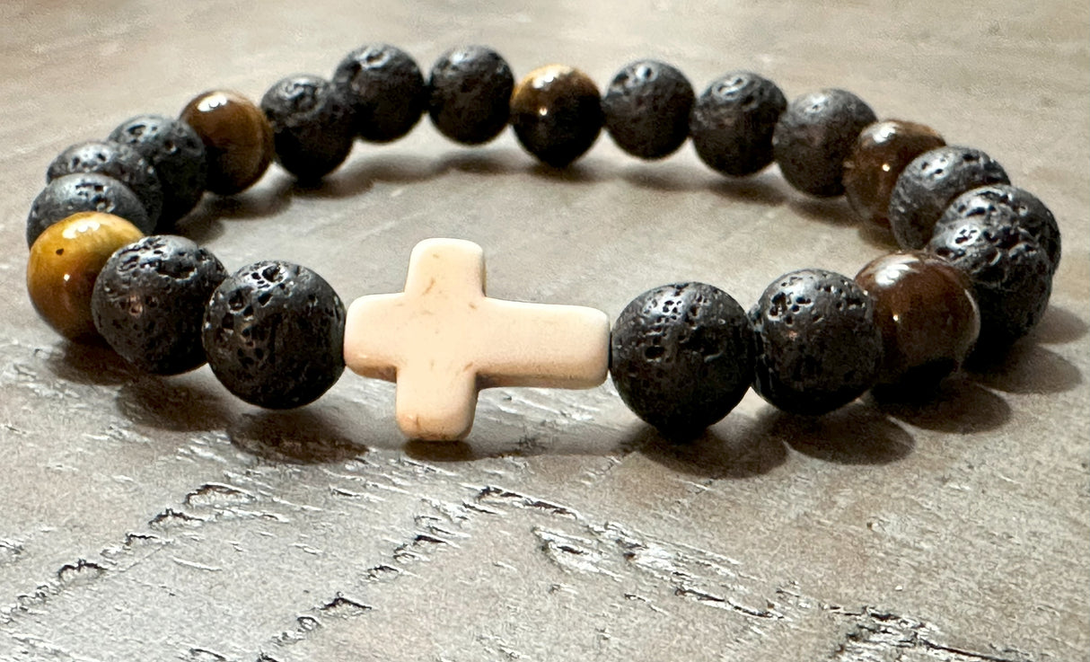 Lava Stone Tiger’s Eye White Cross Bracelet | Salt and Light Merch