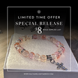 Beaded bracelet with a cross charm on a white box, with text overlay for a limited time offer.