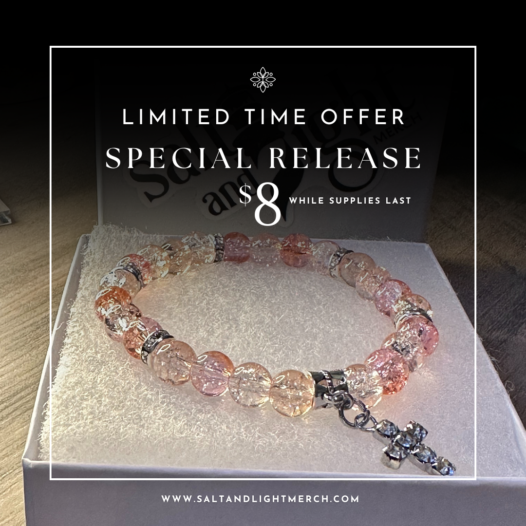 Beaded bracelet with a cross charm on a white box, with text overlay for a limited time offer.