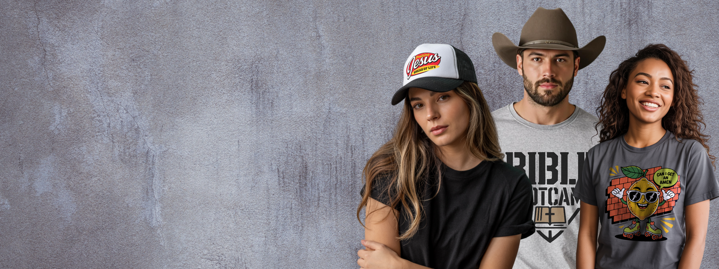 Christian t-shirts, hoodies, and sweatshirts – Salt and Light Merch faith apparel with 3 people wearing hat and faith shirts
