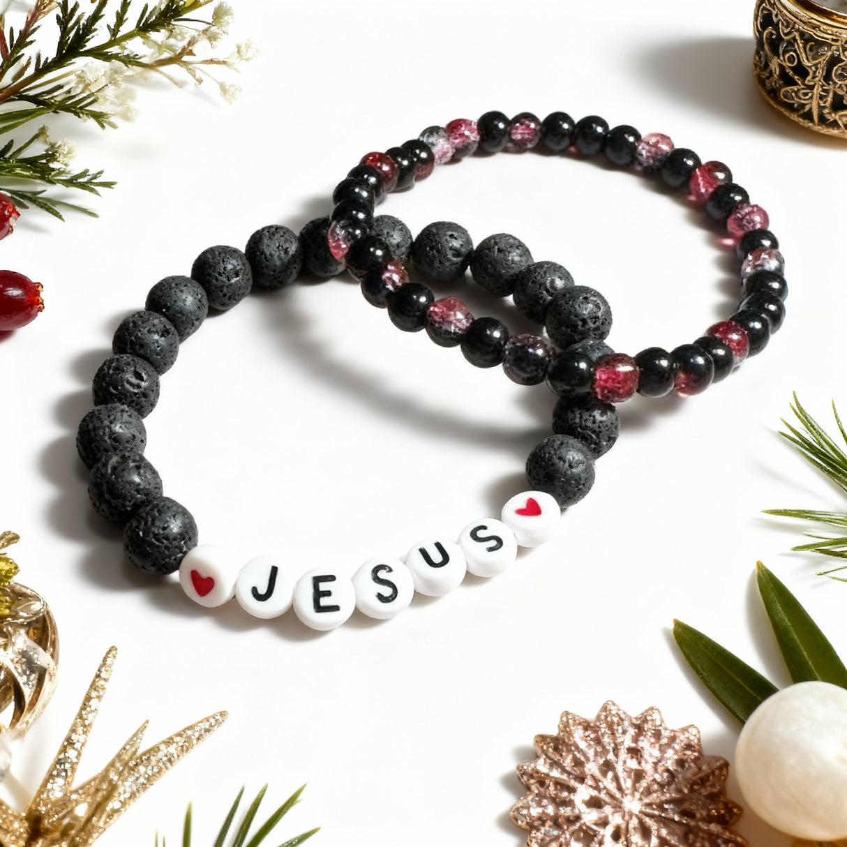 Jesus Beaded Bracelet Set – Lava Stone & Red Crackle Glass | Salt and Light Merch