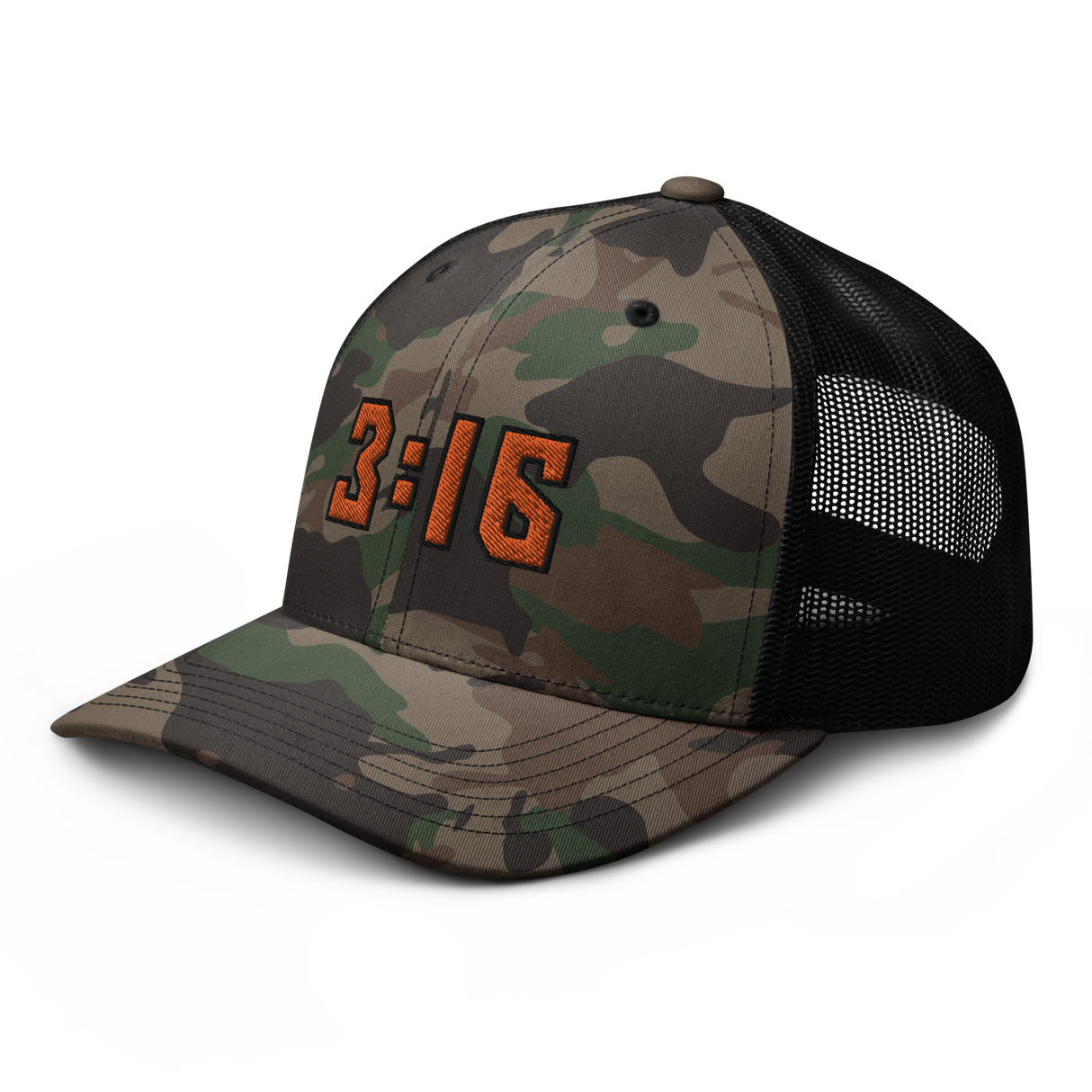 3:16 Orange Camouflage Trucker Hat