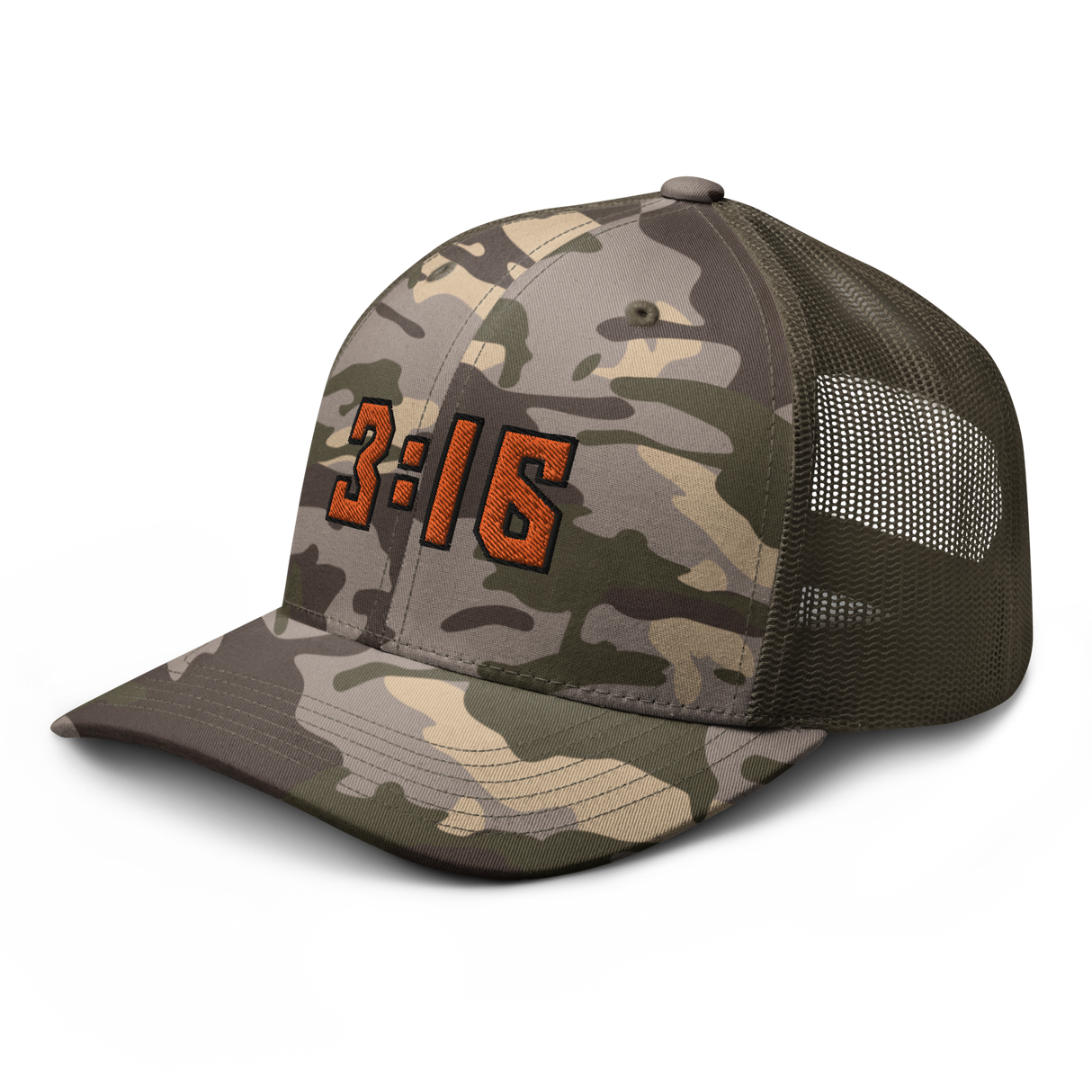 3:16 Orange Camouflage Trucker Hat