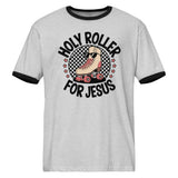 Heather Gray: Holy Roller for Jesus ringer t-shirt in heather gray by Salt and Light Merch — retro Christian unisex tee.