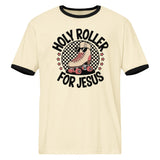 Heather Gray: Holy Roller for Jesus ringer t-shirt in Natural Cream by Salt and Light Merch — retro Christian unisex tee.