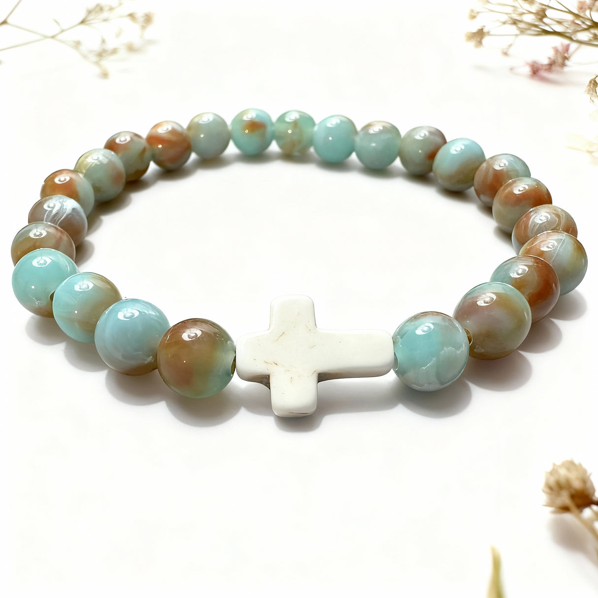 Aqua & Brown Glass Cross Bracelet | Salt and Light Merch