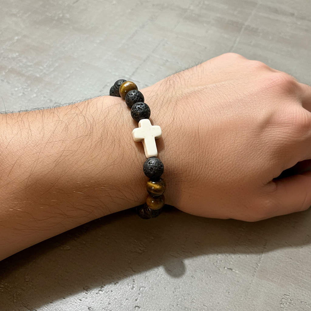 Lava Stone Tiger’s Eye White Cross Bracelet | Salt and Light Merch