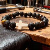 Lava Stone Tiger’s Eye White Cross Bracelet | Salt and Light Merch