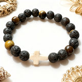 Lava Stone Tiger’s Eye White Cross Bracelet | Salt and Light Merch