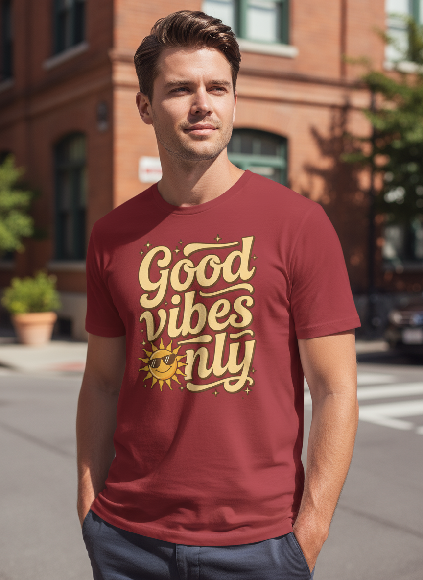 Salt and Light Merch Man wearing a red t-shirt with 'Good vibes only' text and sun graphic outdoors.
