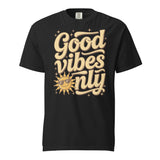 Salt and Light “Good Vibes Only” Christian t-shirt featuring retro yellow lettering and a smiling sun with sunglasses on a black Comfort Colors C1717 shirt. Faith-based, joyful, and uplifting design.