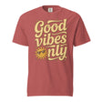 Salt and Light “Good Vibes Only” Christian t-shirt featuring retro yellow lettering and a smiling sun with sunglasses on a crimson Comfort Colors C1717 shirt. Faith-based, joyful, and uplifting design. 