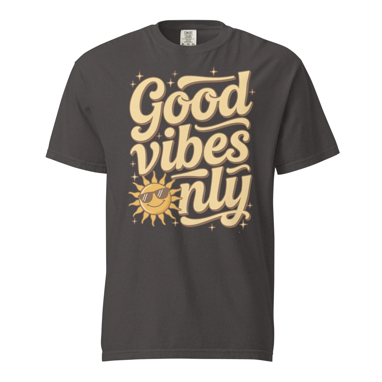 Salt and Light “Good Vibes Only” Christian t-shirt featuring retro yellow lettering and a smiling sun with sunglasses on a graphite Comfort Colors C1717 shirt. Faith-based, joyful, and uplifting design.