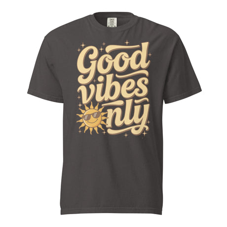 Salt and Light “Good Vibes Only” Christian t-shirt featuring retro yellow lettering and a smiling sun with sunglasses on a graphite Comfort Colors C1717 shirt. Faith-based, joyful, and uplifting design.