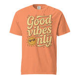 Salt and Light “Good Vibes Only” Christian t-shirt featuring retro yellow lettering and a smiling sun with sunglasses on a terracotta Comfort Colors C1717 shirt. Faith-based, joyful, and uplifting design.