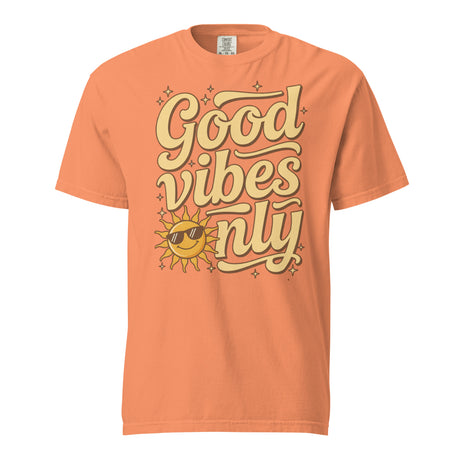 Salt and Light “Good Vibes Only” Christian t-shirt featuring retro yellow lettering and a smiling sun with sunglasses on a terracotta Comfort Colors C1717 shirt. Faith-based, joyful, and uplifting design.