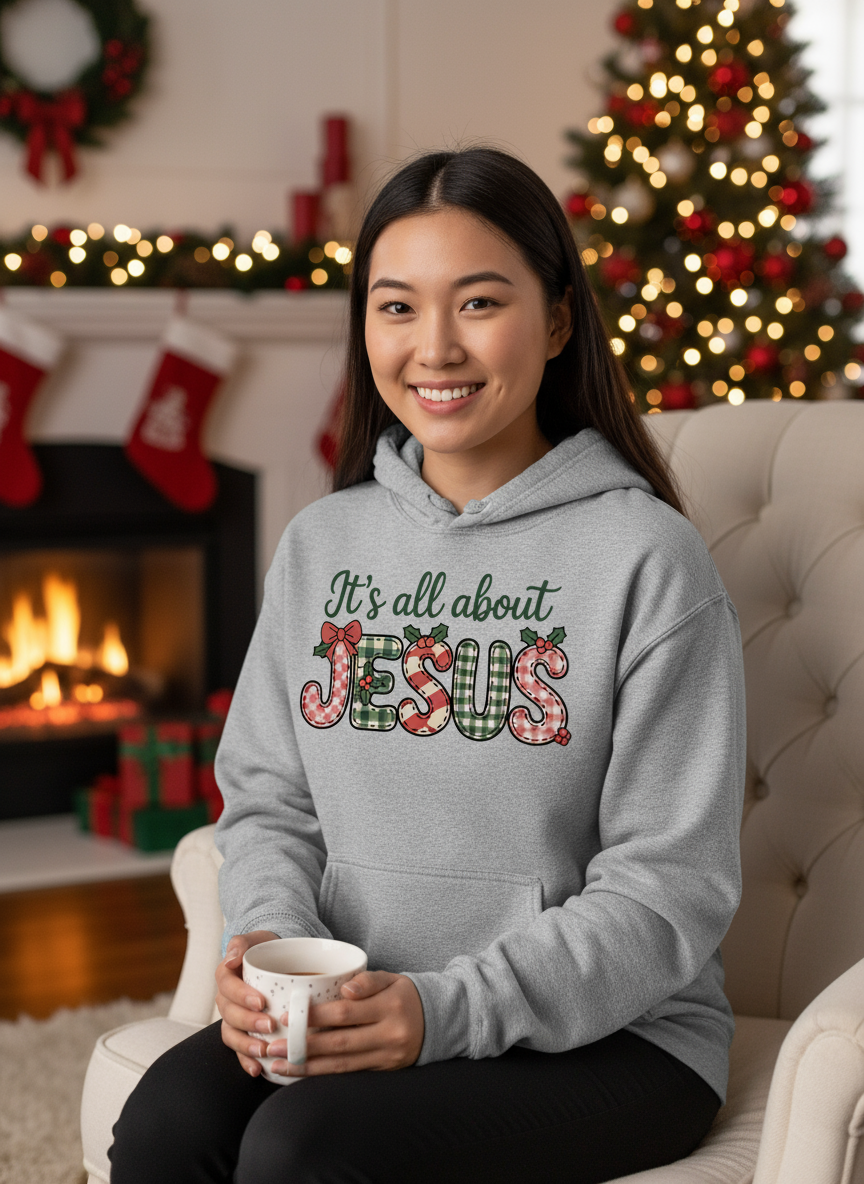 Salt and Light Merch Christmas Hoodie Person wearing a hoodie with 'It's all about Jesus' text in a festive room with Christmas decorations.