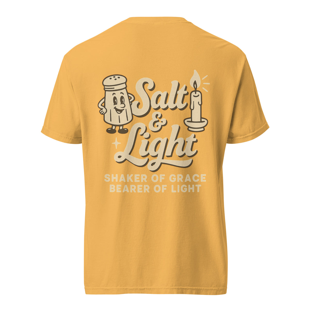 Back of Mustard Comfort Colors Christian t-shirt featuring vintage Salt & Light artwork with a salt shaker and candle, and the words ‘Shaker of Grace, Bearer of Light. Salt and Light Merch