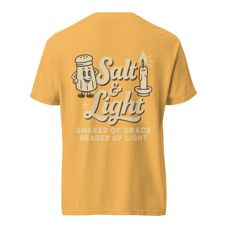 Back of Mustard Comfort Colors Christian t-shirt featuring vintage Salt & Light artwork with a salt shaker and candle, and the words ‘Shaker of Grace, Bearer of Light. Salt and Light Merch
