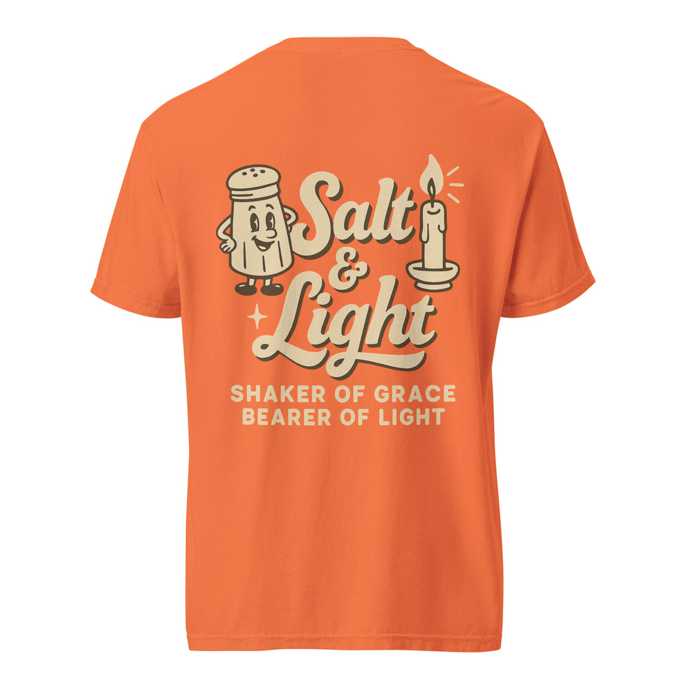 Back of Burnt Orange Comfort Colors Christian t-shirt featuring vintage Salt & Light artwork with a salt shaker and candle, and the words ‘Shaker of Grace, Bearer of Light.’ Salt and Light Merch
