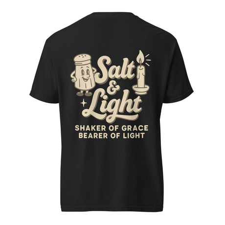 Back of black Comfort Colors Christian t-shirt featuring vintage Salt & Light artwork with a salt shaker and candle, and the words ‘Shaker of Grace, Bearer of Light. Salt and Light Merch