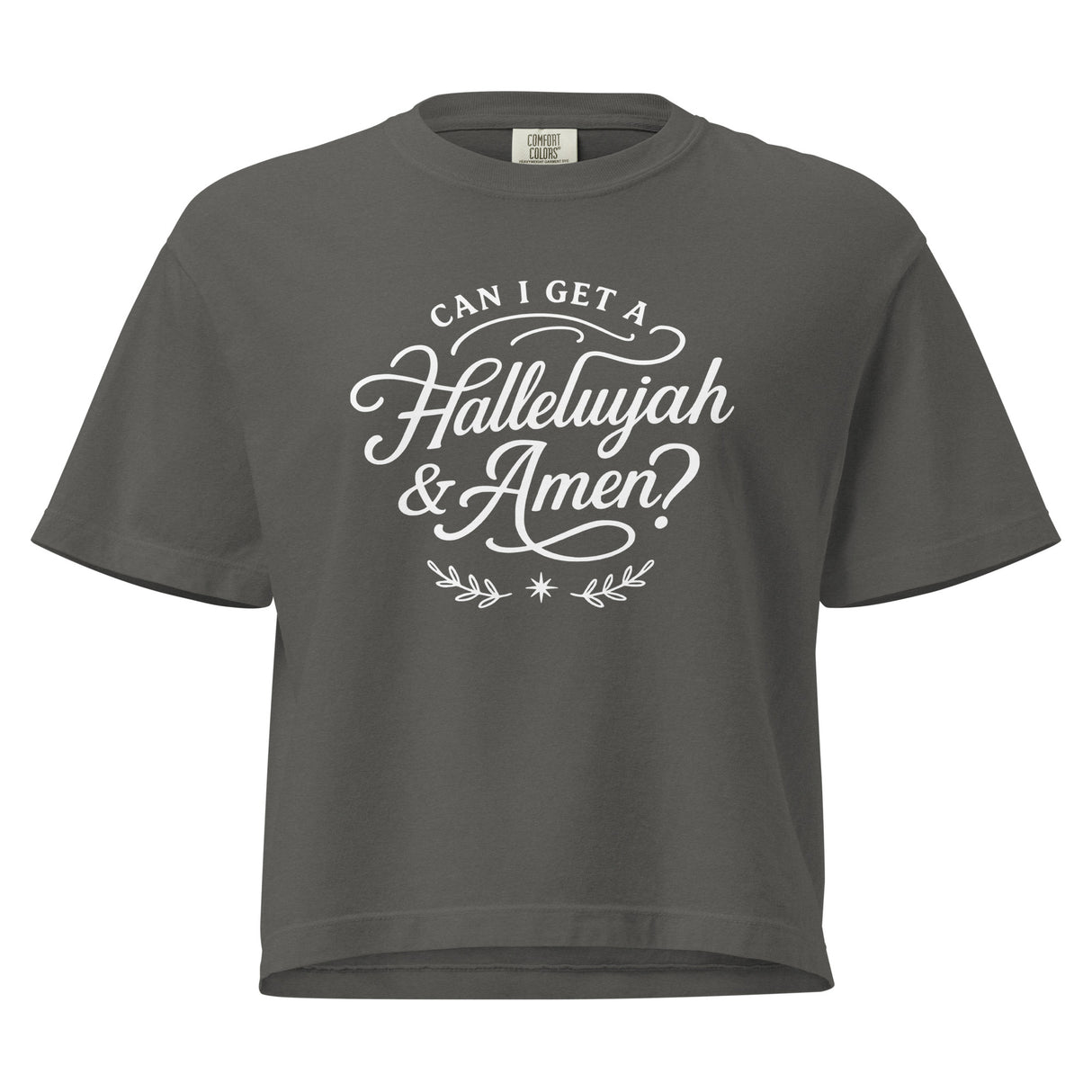 Can I Get a Hallelujah & Amen Comfort Colors Women’s Boxy Christian T-shirt in Pepper – Salt and Light Merch